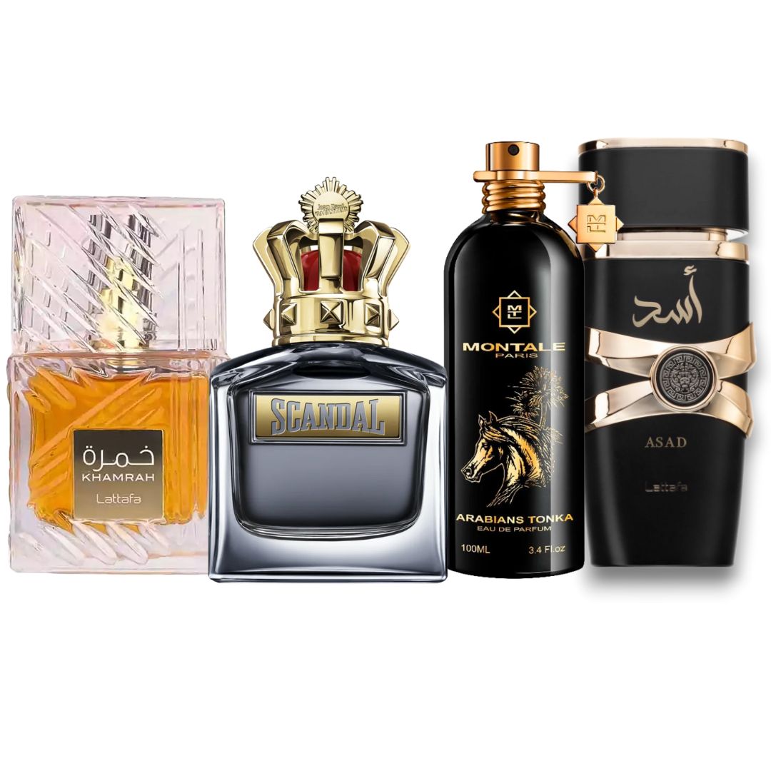 COMBO PERFUMES LUJO ASAD + MONTALE + KHAMRAH + SCANDAL MEN