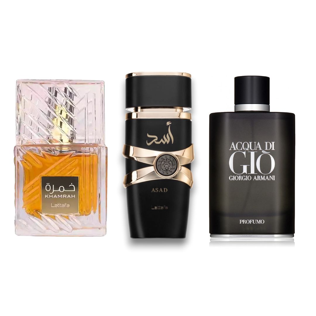 COMBO LUJO LATTAFA ASAD + ACQUA DI GIO PROFUMO + LATTAFA KHAMRAH