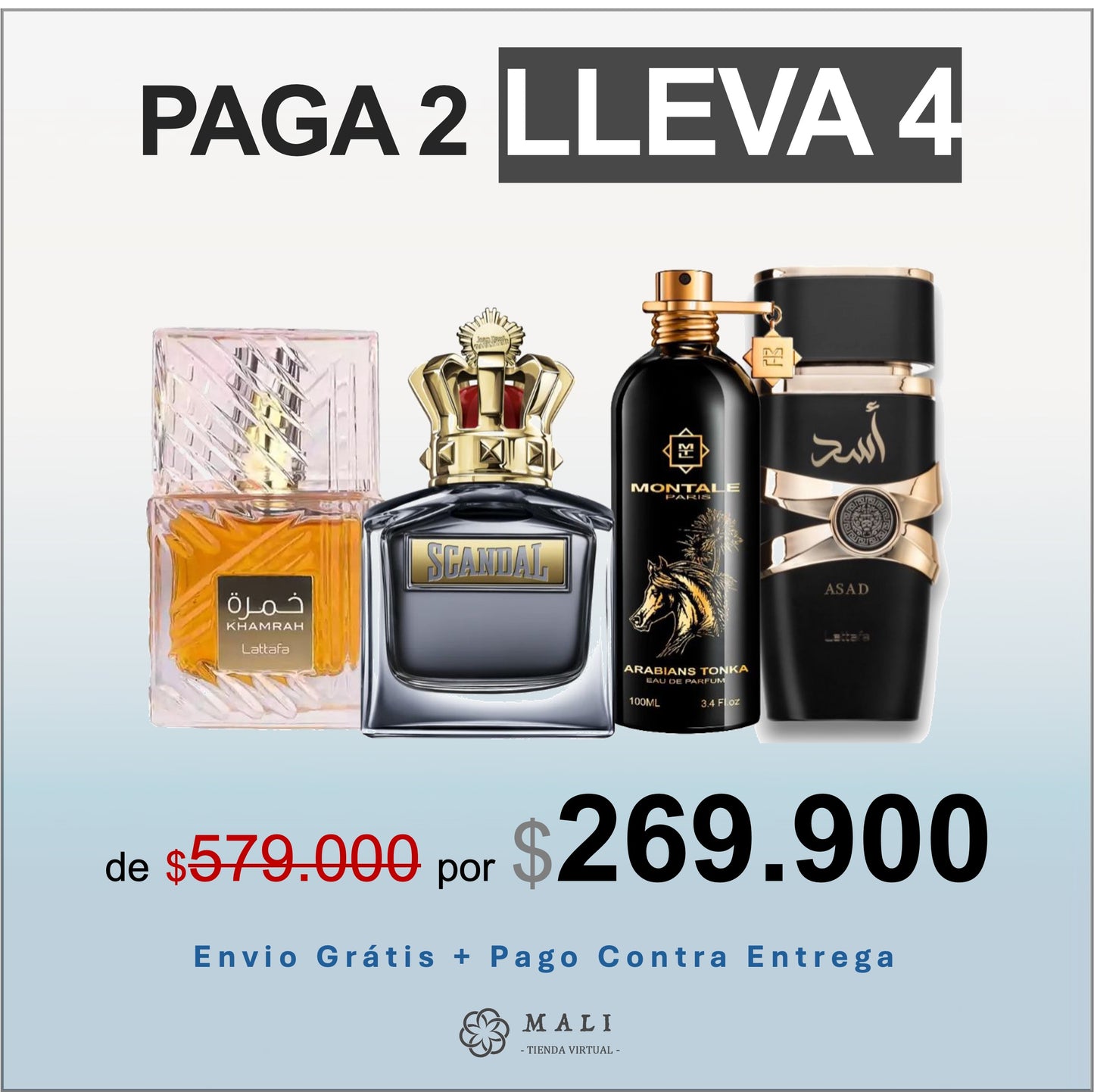 COMBO PERFUMES LUJO ASAD + MONTALE + KHAMRAH + SCANDAL MEN